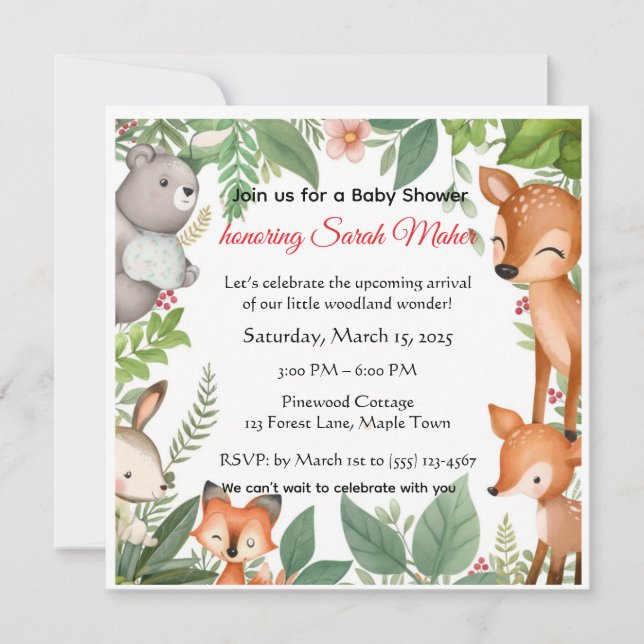 Convites Cute Woodland Animals Baby Shower Invitation  (Frente)