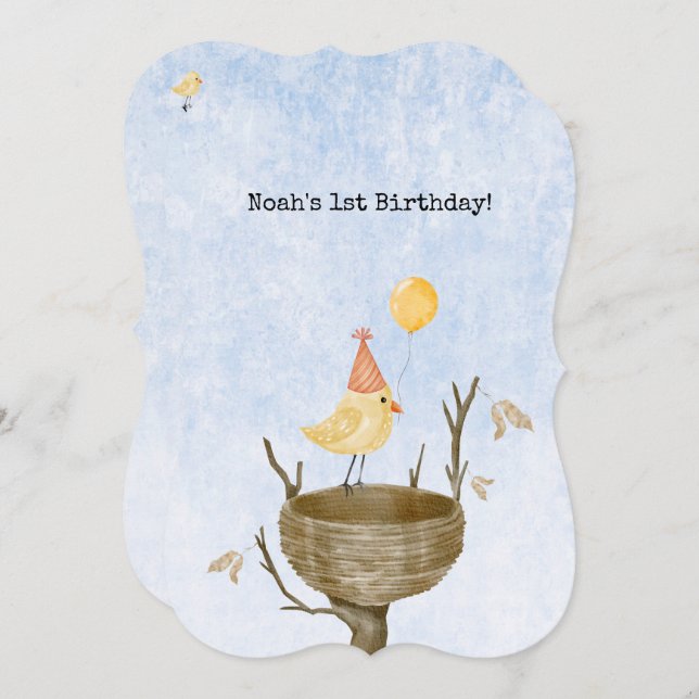 Convites Cute Yellow Bird With Balloon Birthday Invitation (Frente/Verso)