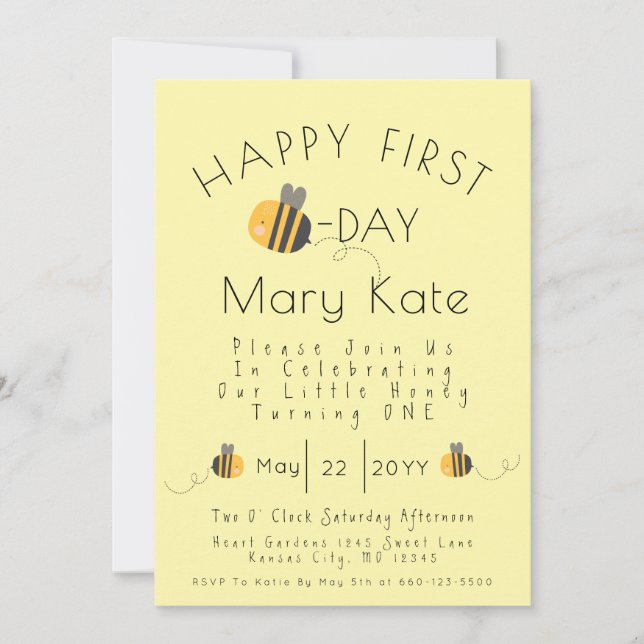 Convites Cute Yellow Customized Honey Bee First Birthday  (Frente)