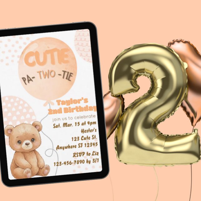 Convites Cutie Pa-TWO-tie Peach Bear Balloons 2nd Birthday (Criador carregado)