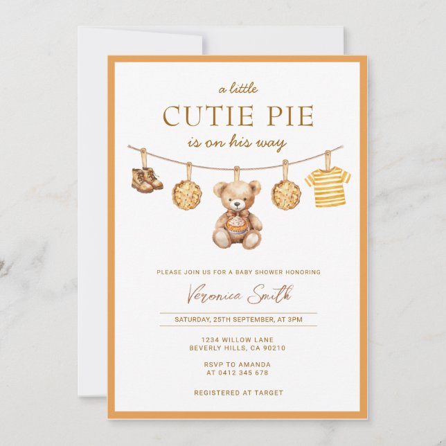 Convites Cutie Pie Bear Boy Baby Shower Invitation (Frente)
