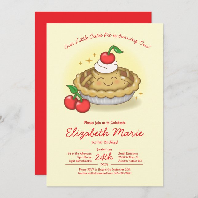 Convites Cutie Pie Birthday Party Kids Cherry (Frente/Verso)