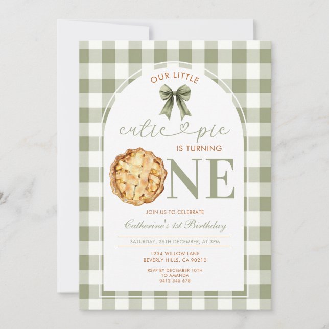 Convites Cutie Pie First Birthday Green Gingham (Frente)