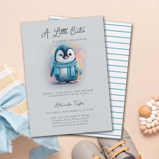 Convites Cutie Vindo Este Chá de fraldas De Pinguim De Inve (penguin baby shower invitation boy cute adorable sweet character watercolor cold snow winter)