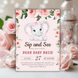 Convites Cutil Elefante Blush Sip Floral Cor-de-rosa e veja