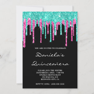 Convites Cyan Hot Pink Glitter Coloca Quinceñera Preta