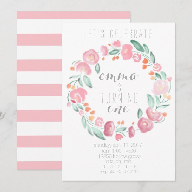 Convites da flor do rosa do primeiro aniversario (Frente/Verso)