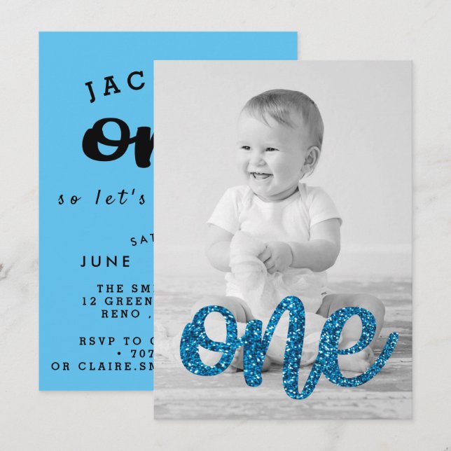 Convites Da foto azul do brilho dos meninos primeiro (Frente/Verso)