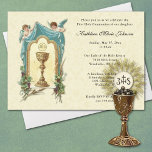 Convites da Primeira Comunhão de Jesus Católico<br><div class="desc">Apresentando nosso tradicional convite da Primeira Comunhão Católica com dois anjos adorando o Eucarista com o Chalice abaixo. Adequado para um menino ou para a comunhão de uma menina. No verso está uma citação de escrituras com uma imagem a preto e branco do Anfitrião, Chalice, e trigo representando o Pão...</div>