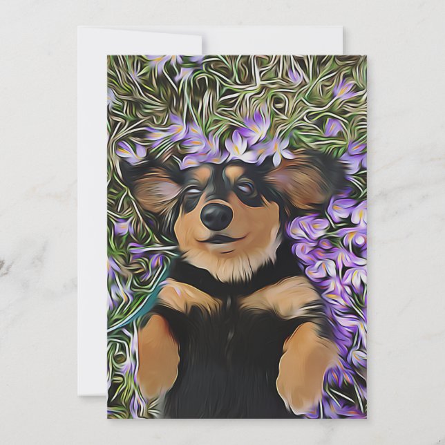 Convites Dachshund Deitado Em Flores Roxas (Frente)