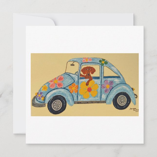 Convites Dachshund em carro hippie (Frente)