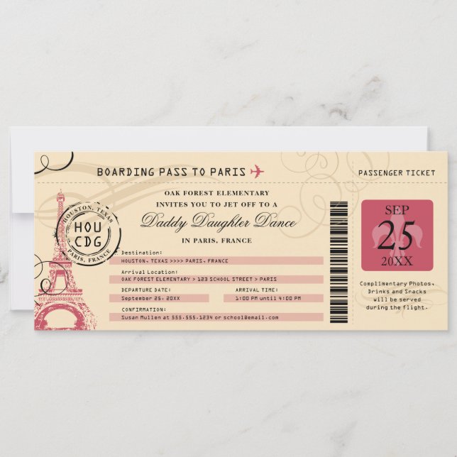 Convites Daddy Daughter Dance Paris France Boarding Pass (Frente)