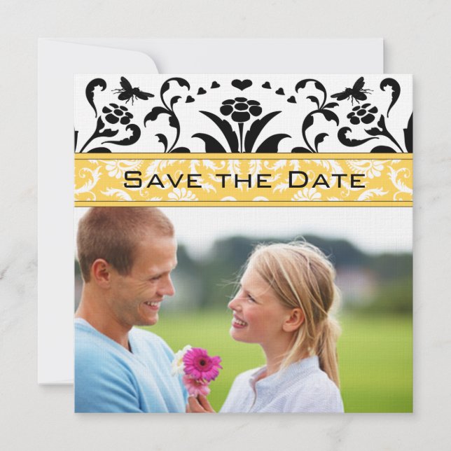 Convites Daffodil Black Bubble Bee Damask Save Date (Daffod (Frente)