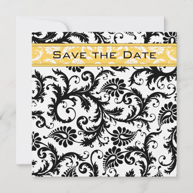 Convites Daffodil Yellow & Black Damask Save Date (Daffodil (Frente)