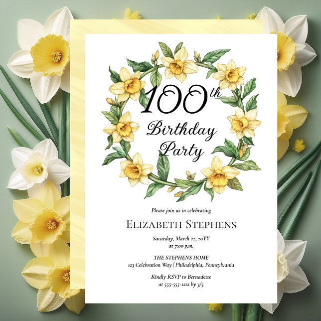 Convites Daffodils Amarelos Elegantes Floral 100º Aniversár (Elegant Yellow Daffodils Floral 100th Birthday Party Invitation -- Print | Download)