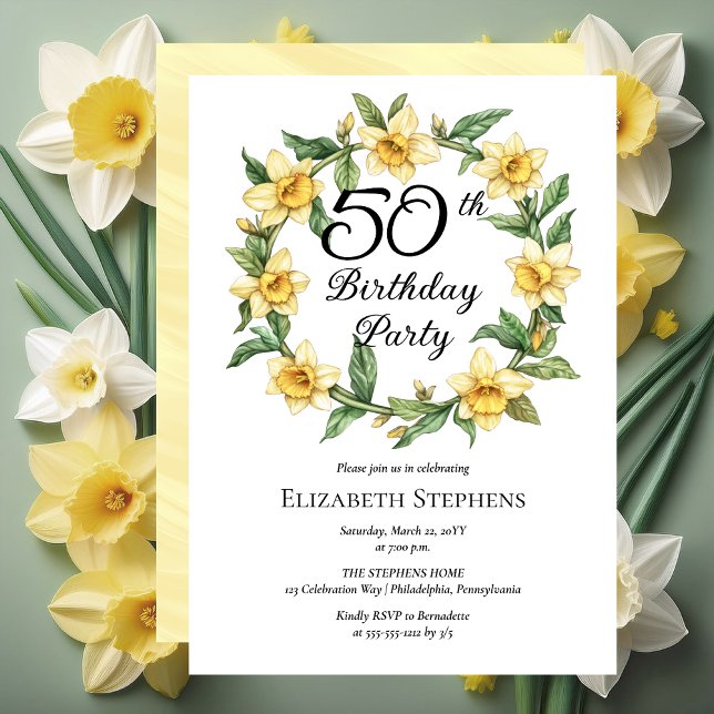 Convites Daffodils Amarelos Elegantes Floral 50º Aniversári (Elegant Yellow Daffodils Floral 50th Birthday Party Invitation -- Print | Download)