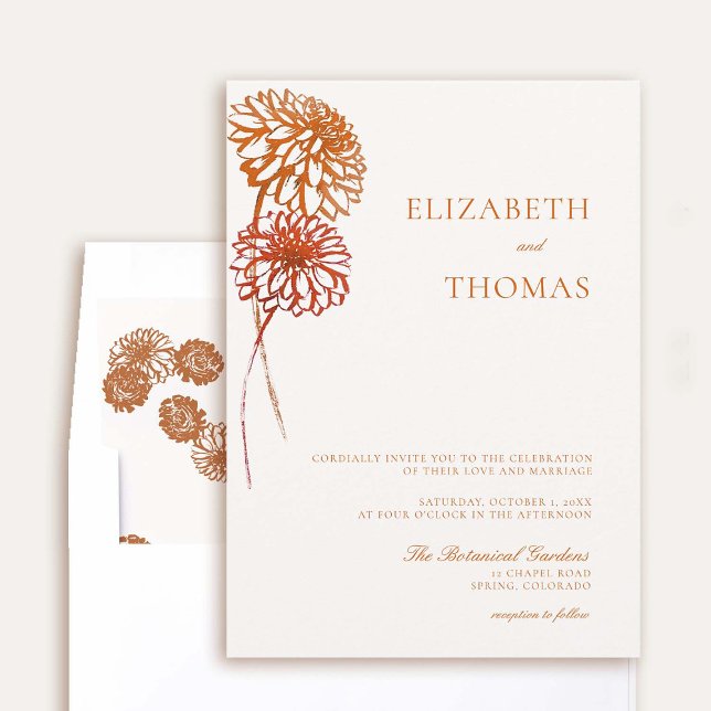 Convites Dahlia Floral Art Sketch Earth Modern Casamento ou (elegant fall wedding invitation dahlia earth bright terracotta burnt orange floral sketch modern)