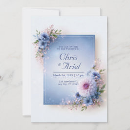 Convites Dahlia Floral Azul Pólen Moldura Casamento
