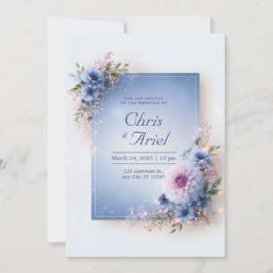 Convites Dahlia Floral Azul Pólen Moldura Casamento