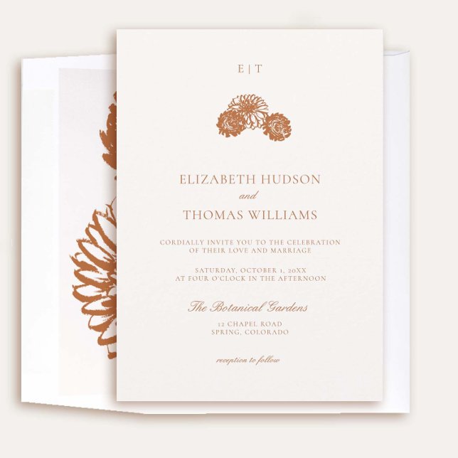 Convites Dahlia Floral Sketch Monogramas Casamento outono f (elegant fall wedding invitation dahlia earth terracotta burnt orange floral sketch formal modern)