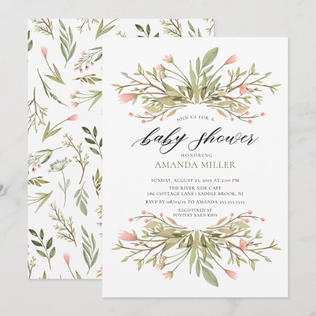 Convites Daîs Girls Pink Floral & Greenery Chá de fraldas (Frente/Verso)