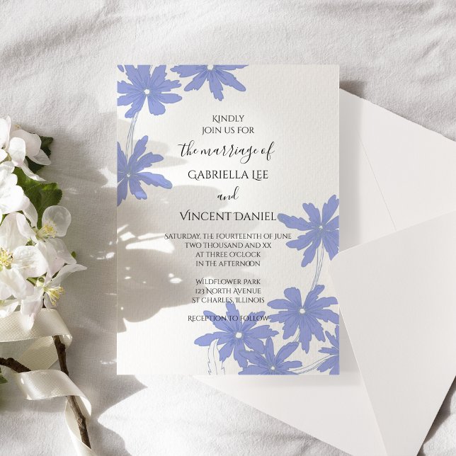 Convites Daisies Azuis Periwinkle no Casamento Branco (Criador carregado)