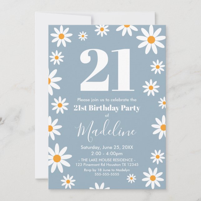 Convites Daisies Dusty blue Birthday Party Invitation (Frente)