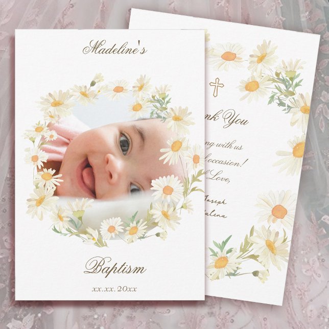 Convites daisies wreath Baptism small thank you card  (Criador carregado)