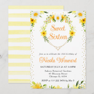 Convites Daisies & Yellow Flowers Heart Wreath Sweet 16