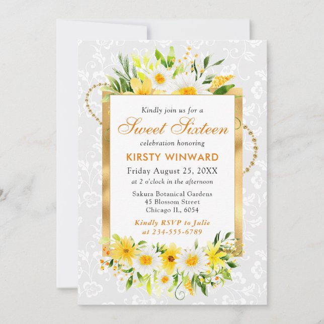 Convites Daisies & Yellow Summer Flowers Gold Foil Sweet 16 (Frente)