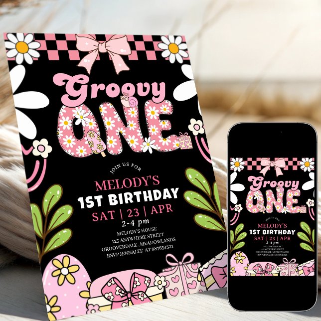 Convites Daisy 1st Birthday Pink and Black Retro Birthday  (Criador carregado)
