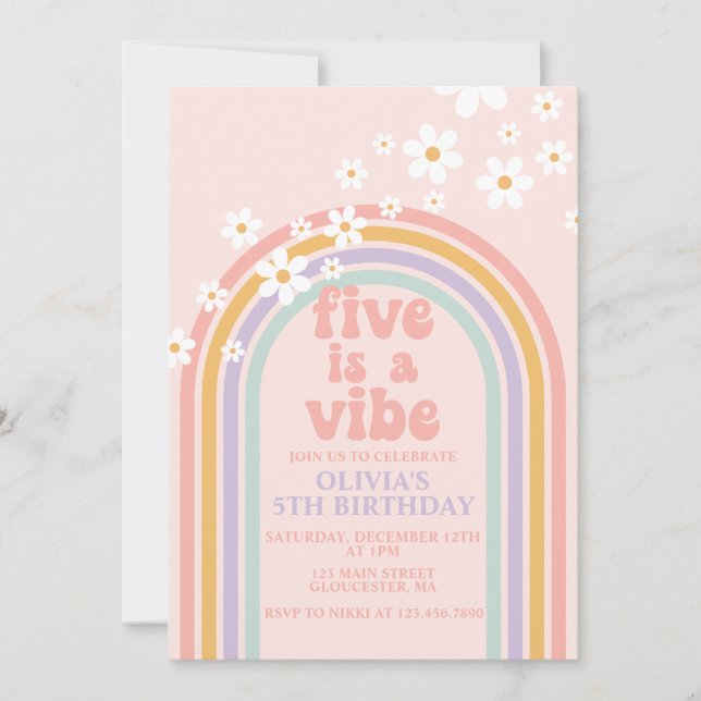 Convites Daisy Five é um Vibe Pastel arco-íris de 5º aniver (Frente)