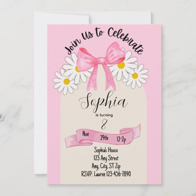 Convites Daisy Flower and Bow Birthday Invitation (Frente)