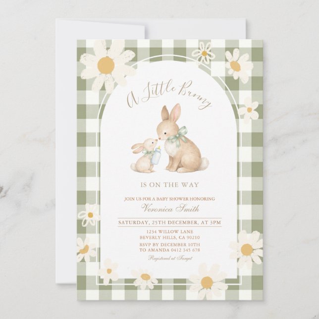 Convites  Daisy gingham Bunny Baby Shower Invitation (Frente)