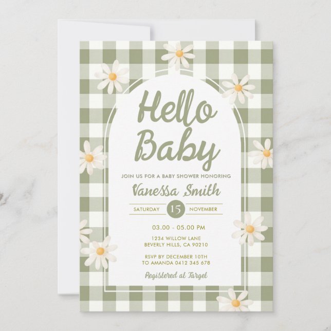 Convites Daisy Gingham Hello Baby Shower Invitation (Frente)