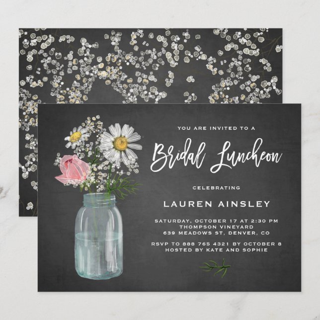 Convites Daisy Mason Jar Chalkboard Rustic Bridal Luncheon (Frente/Verso)