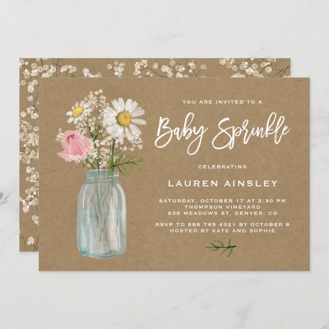 Convites Daisy Mason Jar Kraft Paper Fall Baby Sprinkle (Frente/Verso)