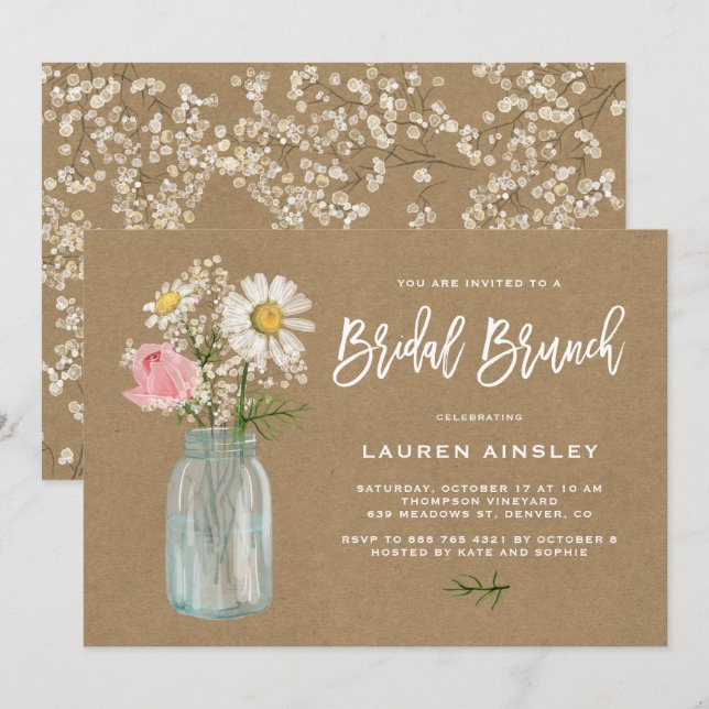 Convites Daisy Mason Jar Rustic Kraft Paper Bridal Brunch (Frente/Verso)