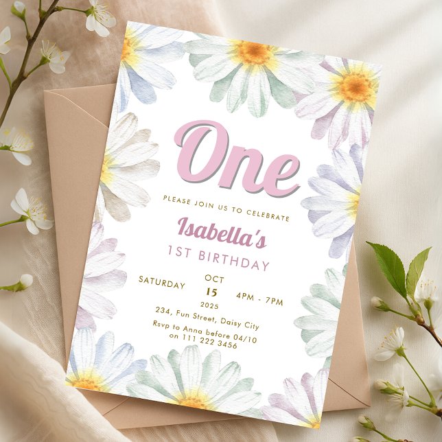 Convites Daisy One 1rua segundo 3º aniversário da 5 (Daisy One 1st 2nd 3rd 4th 5th Flower Birthday Invitation)