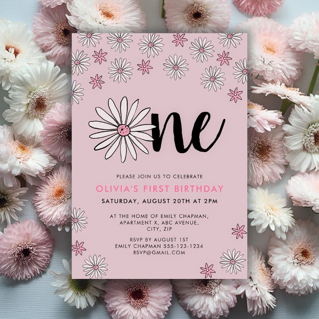 Convites Daisy One Floral primeiro aniversario (Girls First Birthday Invitation pink and white floral daisy design)