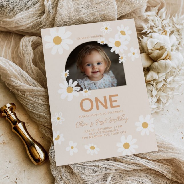 Convites Daisy Photo First Birthday Invite (Criador carregado)