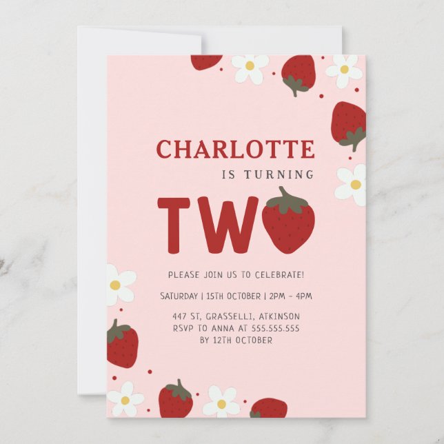 Convites Daisy Red Strawberry segundo Verão Aniversário (Frente)