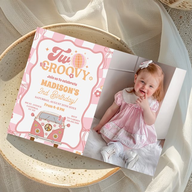 Convites Daisy & Retro Van Dois segundo aniversário Groovy  (Criador carregado)