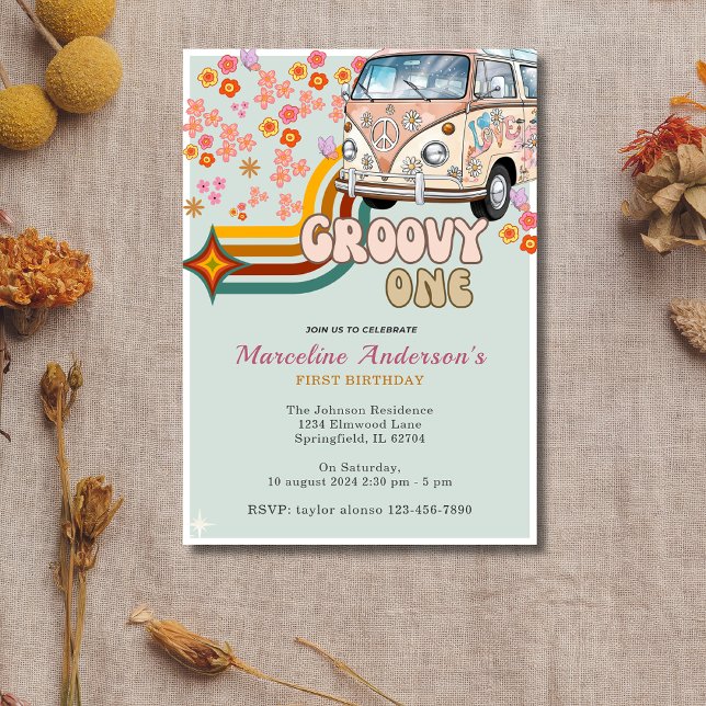 Convites Daisy & Retro Van Floral Groovy Um primeiro aniver (Criador carregado)