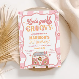 Convites Daisy & Retro Van Pastel Groovy aniversário de 3 a