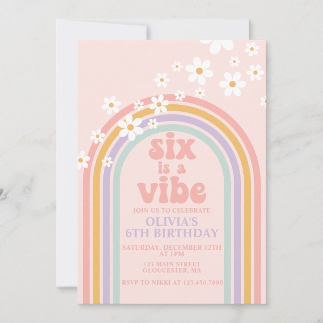 Convites Daisy Six é um Vibe Pastel arco-íris de 6º anivers (Frente)
