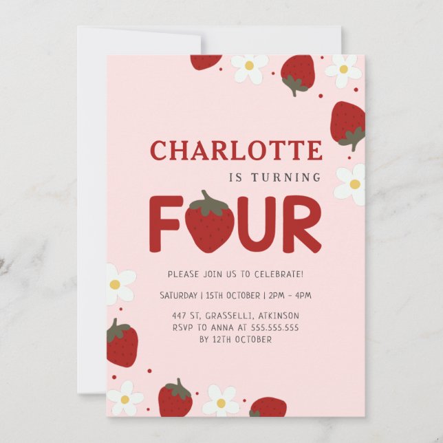 Convites Daisy Strawberry Pink 4th Summer Birday (Frente)