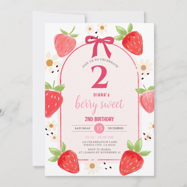 Convites Daisy Strawberry Second Birthday Party Invite (Frente)