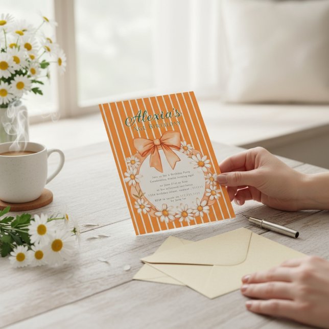Convites Daisy Wreath Orange Stripe Birthday invitation (Criador carregado)
