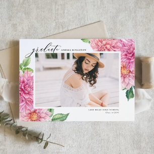 Convites Dália Rosa em Aquarela Foto Botânica de Formatura